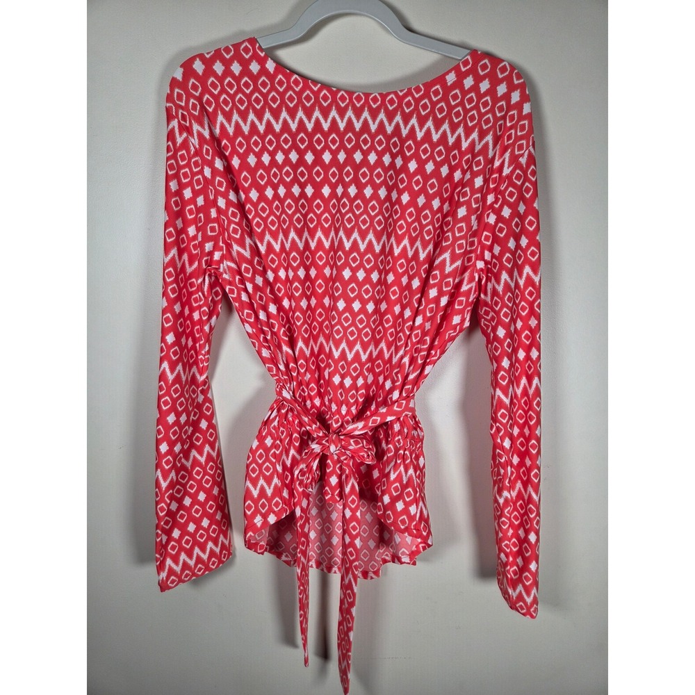 Coolibar Peplum Wrap Top Women L Red White Geometric UPF 50 Sun Protection Beach